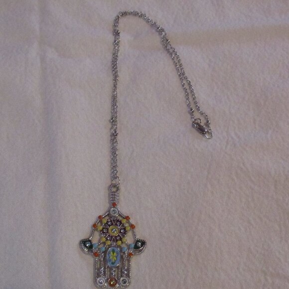 Hamsa Pendant Necklace Colorful and Napier Choker Silver Tone Metal - Picture 8 of 11